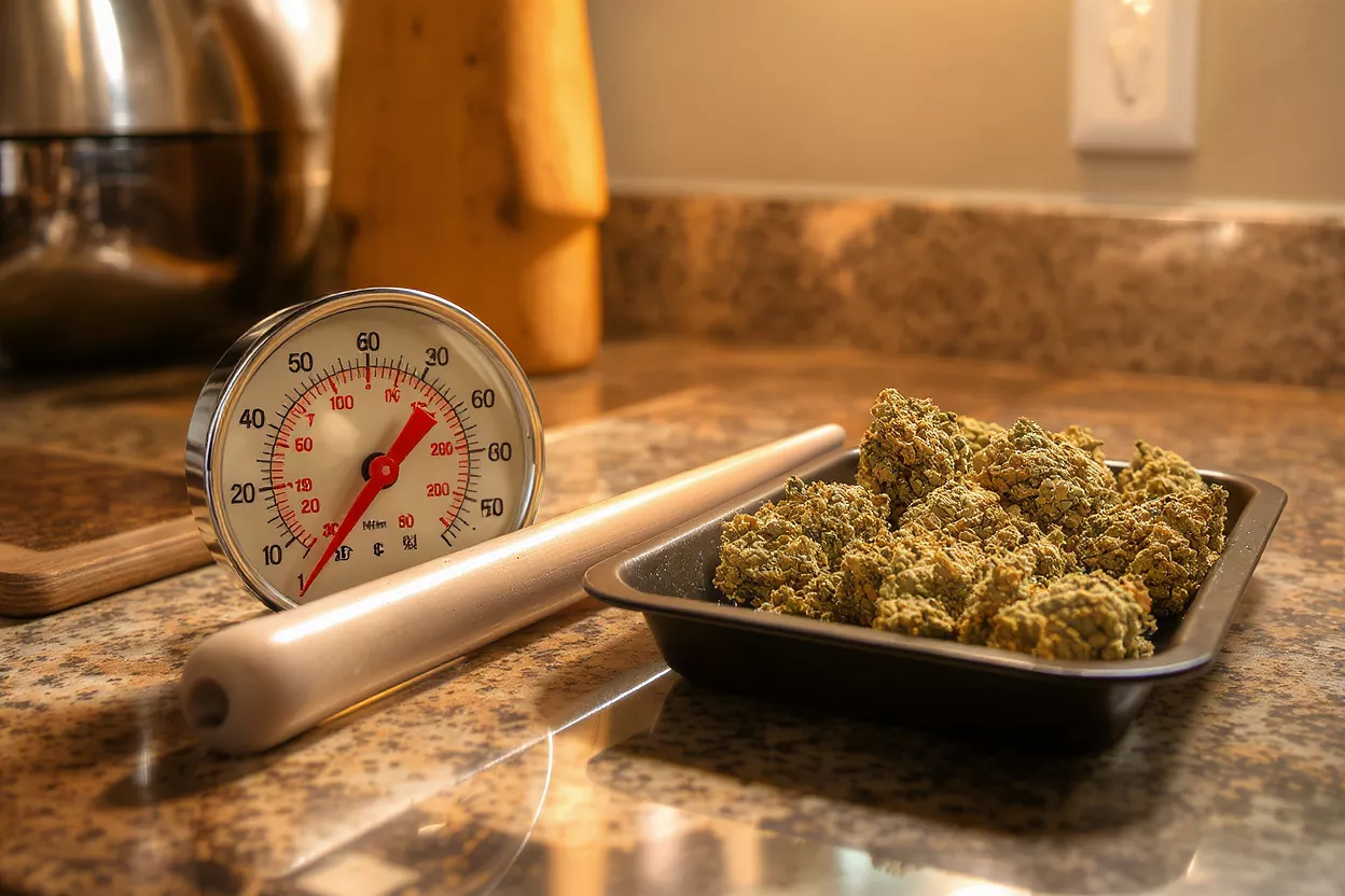 Cannabis buds in a tray with a thermometer on a kitchen counter.