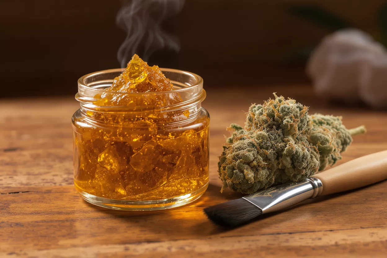A jar of golden cannabis concentrate, cannabis flower, and a brush on wood.