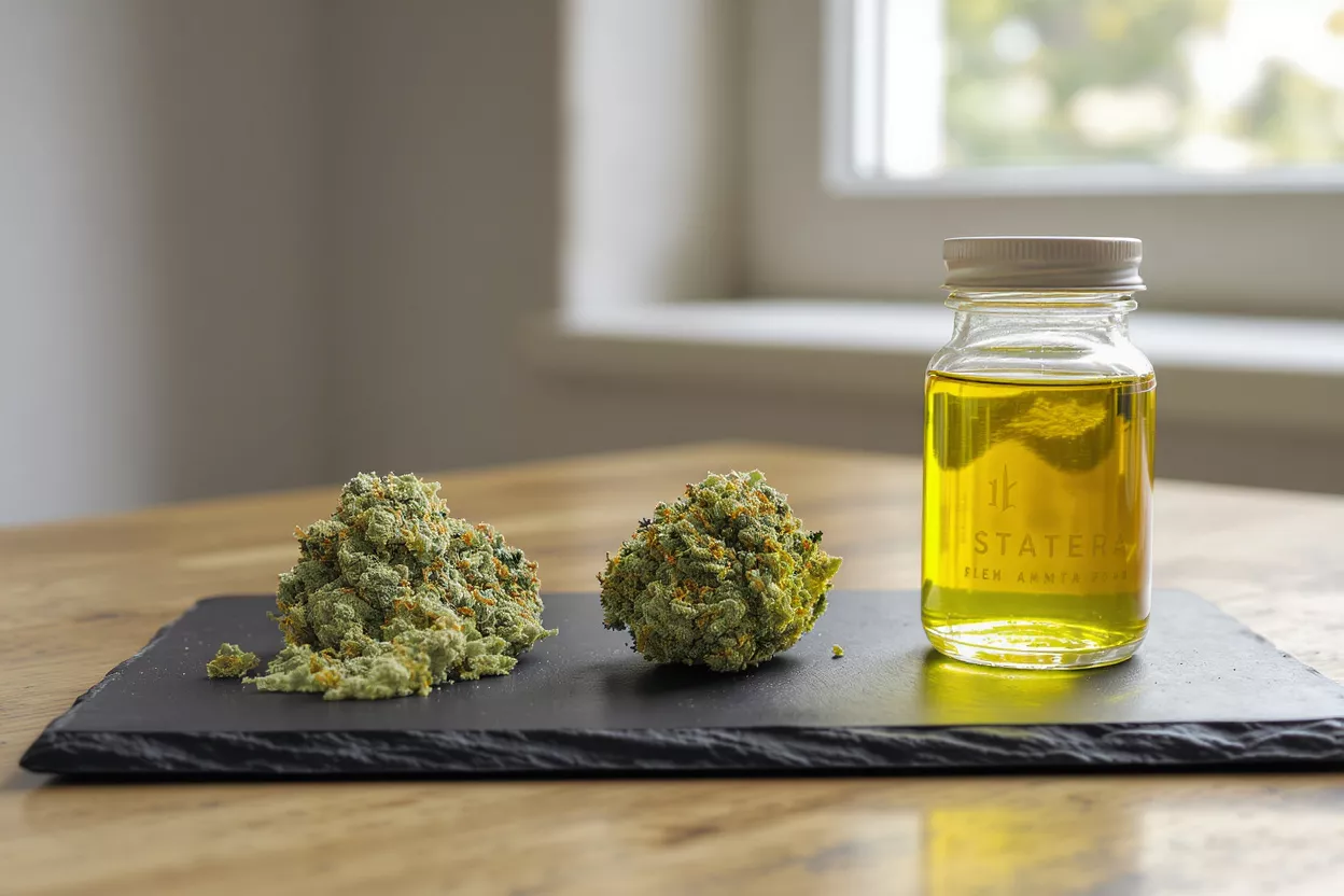 Two cannabis buds and a jar of cannabis oil on a black slate tray.