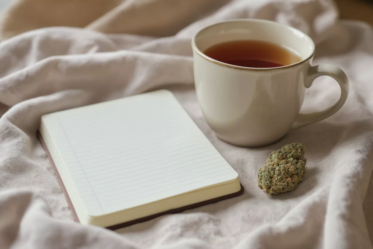 A cannabis bud, a cup of tea, and a notebook on a light-colored fabric.