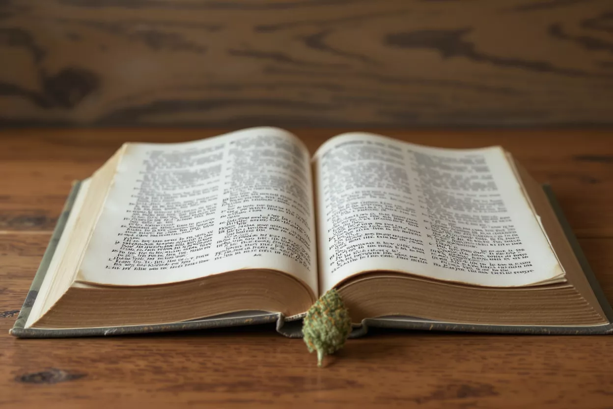 A vibrant green cannabis bud rests on the spine of an open book.