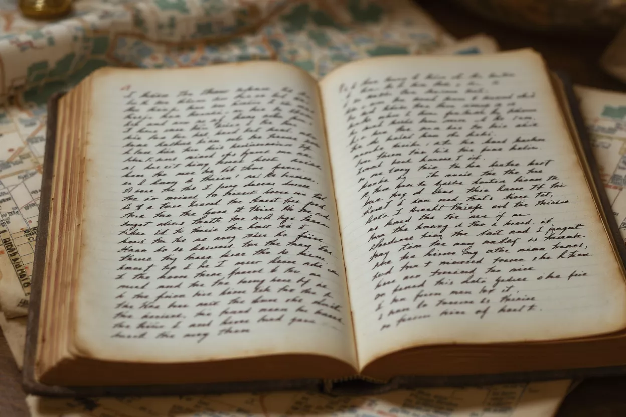 An open antique book with handwritten text resting on a vintage map.