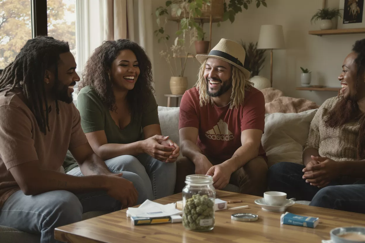 Four friends laughing on a couch with cannabis on a coffee table.