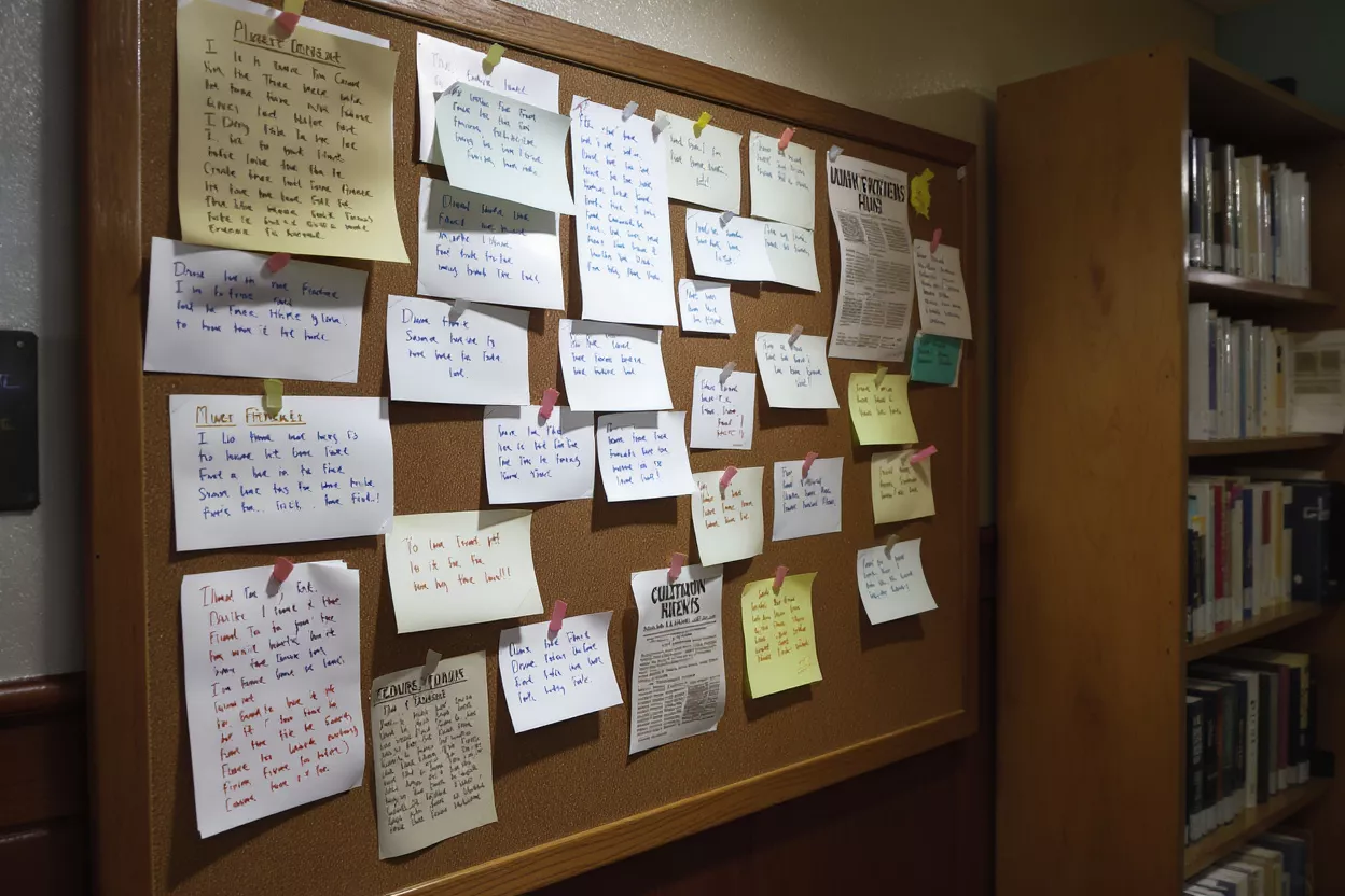 Close-up of a cork bulletin board filled with handwritten notes and clippings.