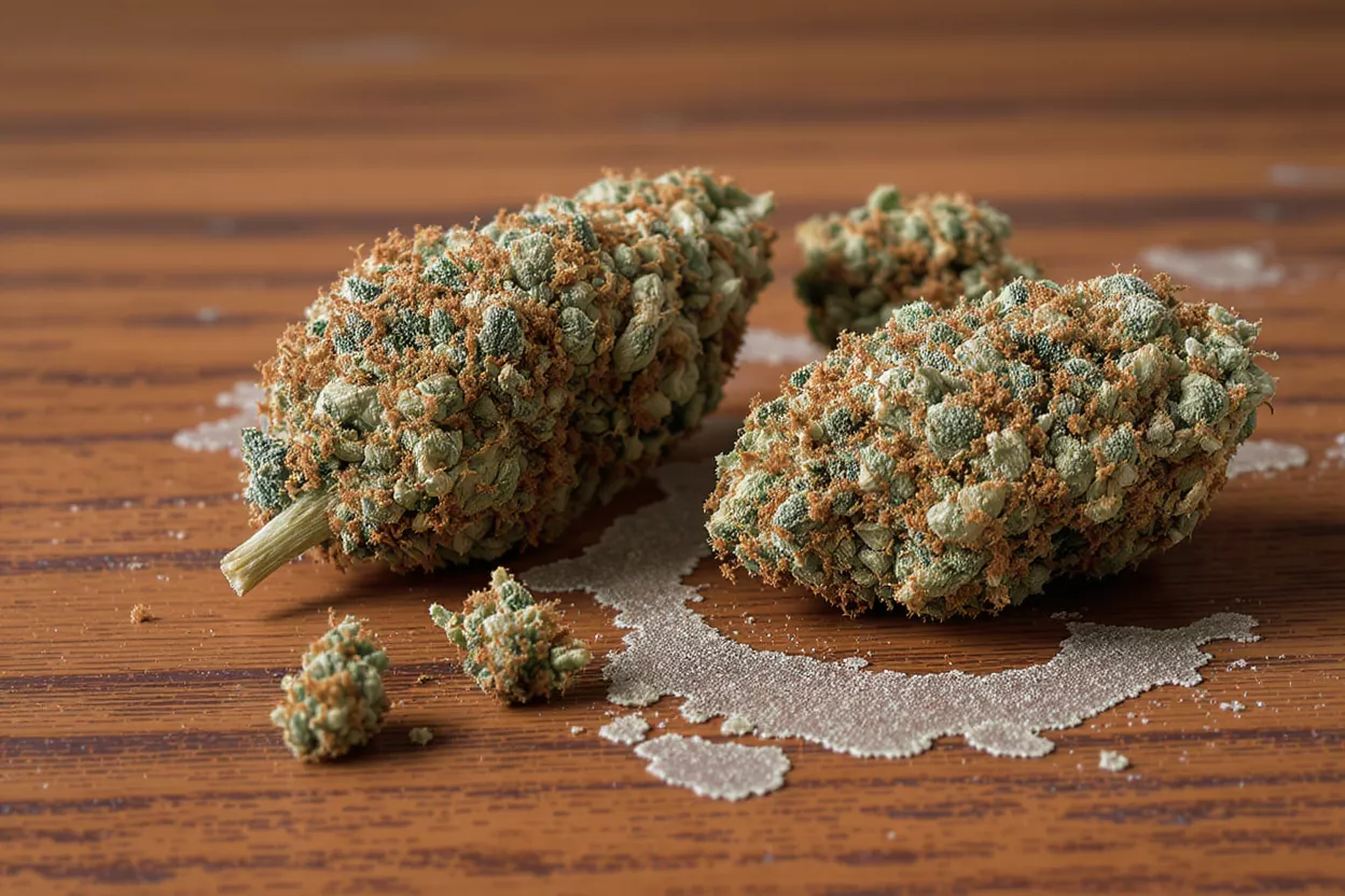 Close-up of three cannabis buds with orange hairs and trichomes on a wooden table.
