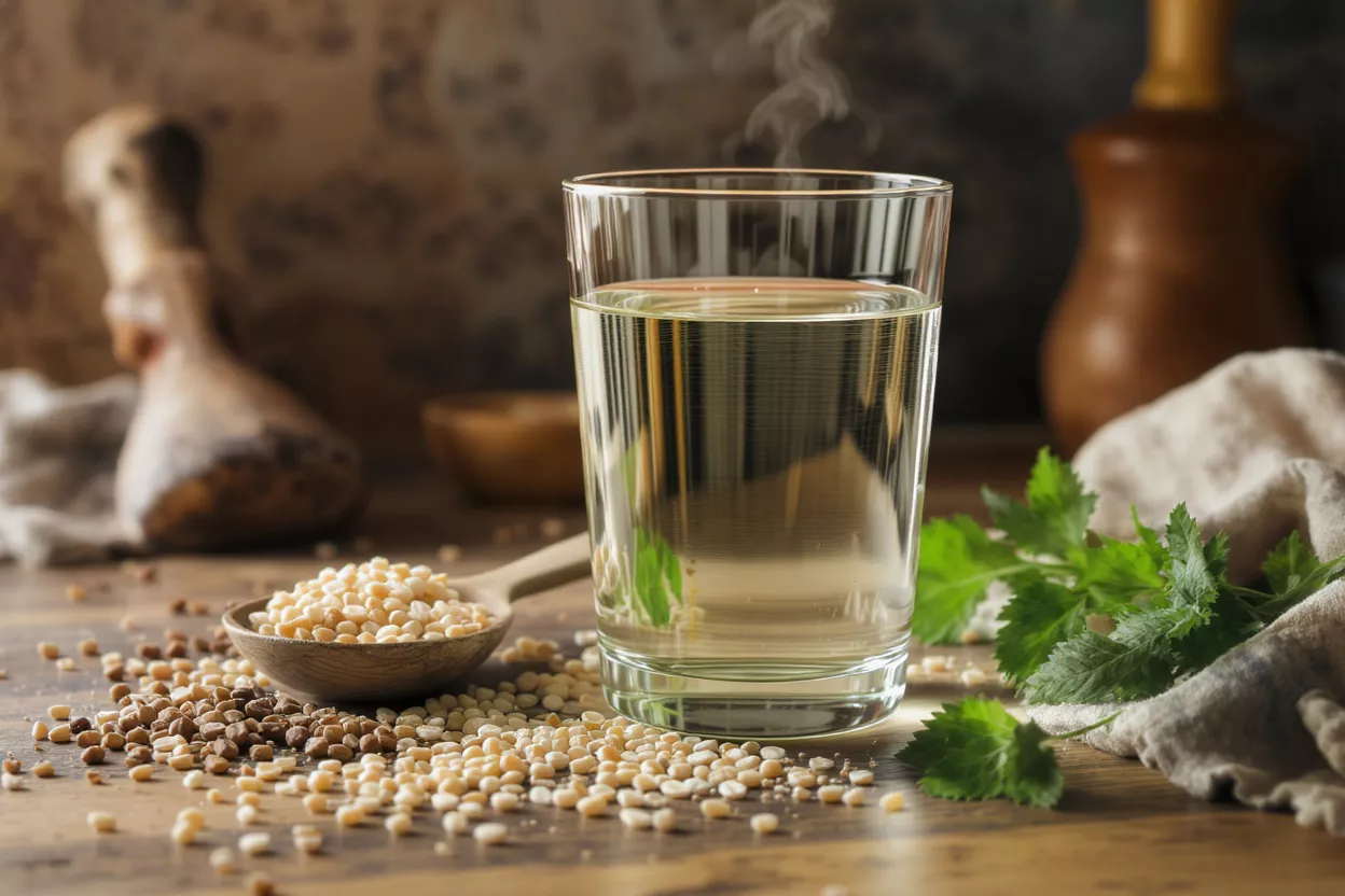 Glass of steaming hot water with grains, herbs, and wooden utensils on a rustic table.