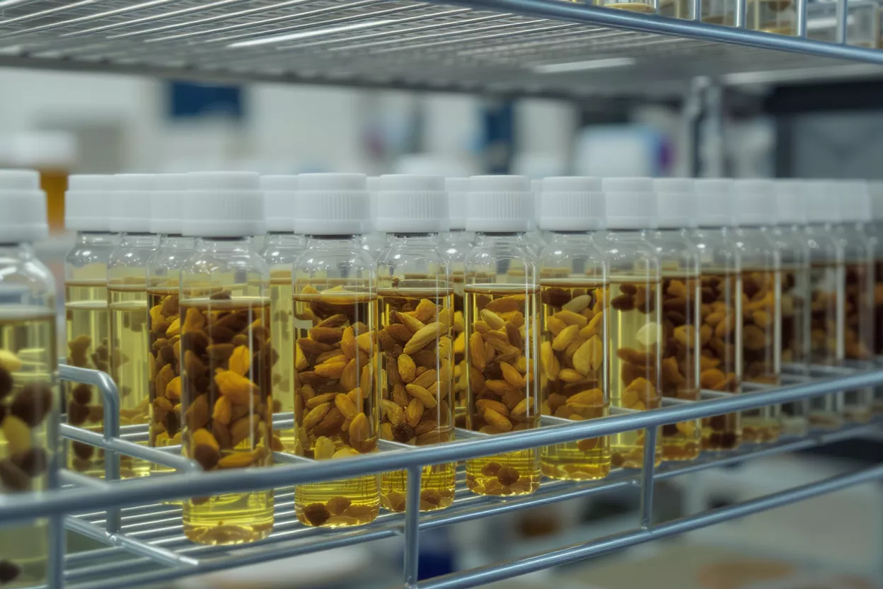 Rows of glass vials containing seeds submerged in liquid on a metal rack.