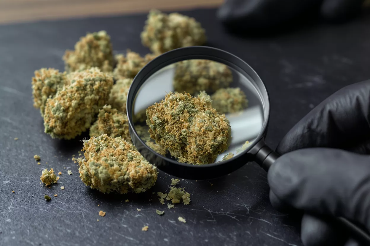 Close-up of cannabis buds with a magnifying glass held by a gloved hand.
