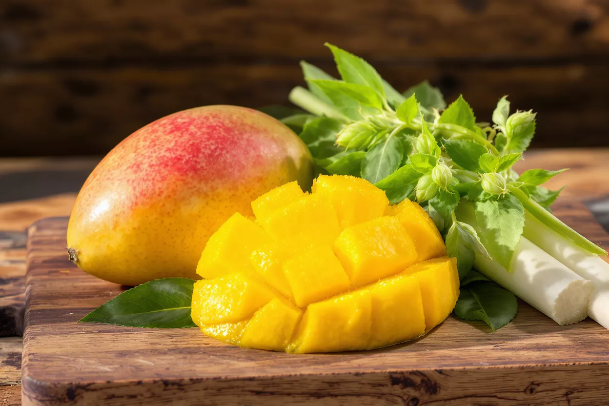 Mango fresco y hierbas aromáticas Mango entero y en rodajas con hierbas frescas sobre una tabla de madera.