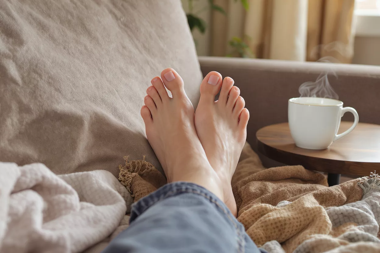 Pies relajados en el sofá Pies descalzos descansando en un sofá con una taza de café humeante cerca.