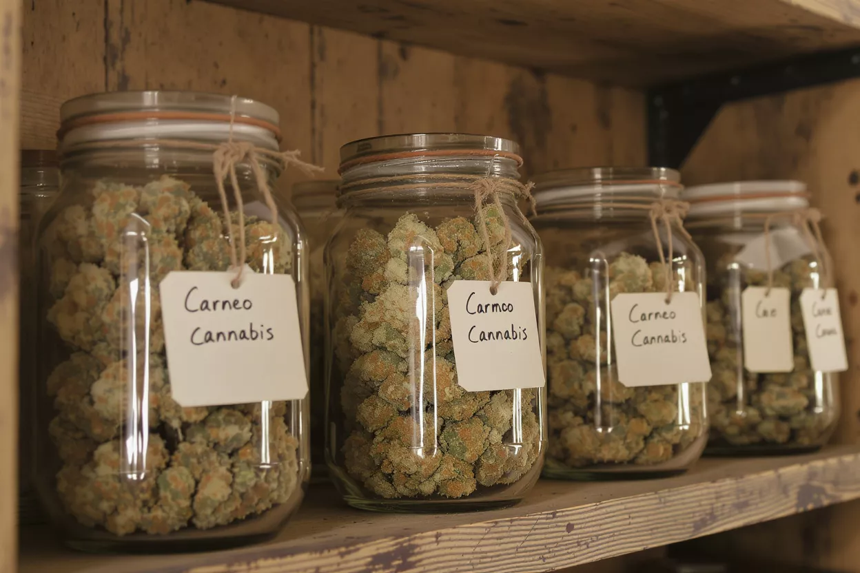Frascos de cannabis en estante Frascos de vidrio llenos de cogollos de cannabis, con la etiqueta « Carneo Cannabis » en un estante de madera.