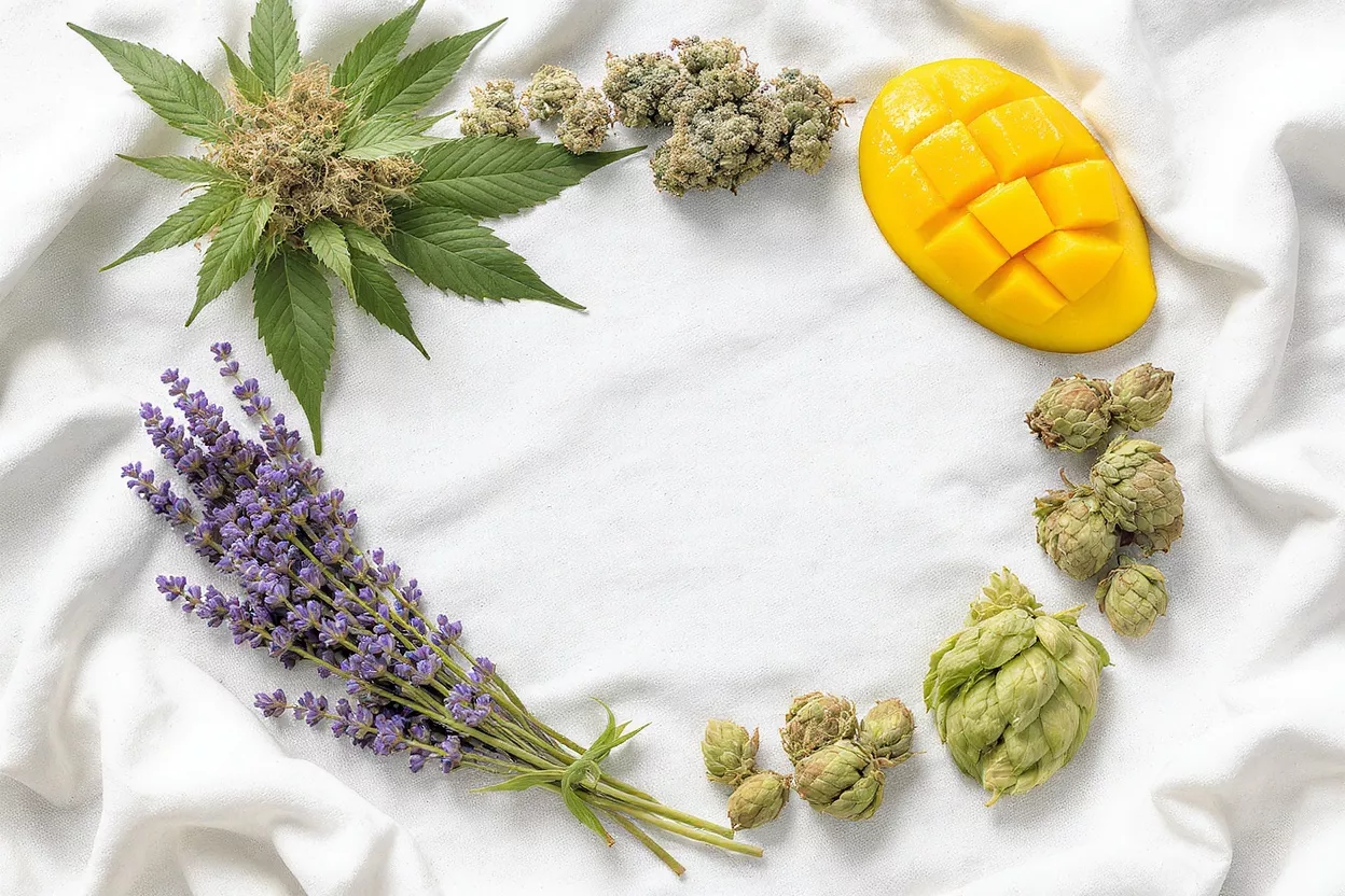 Ingredientes naturales para el bienestar Cannabis, lavanda, mango y lúpulo dispuestos sobre tela blanca, formando un marco circular.