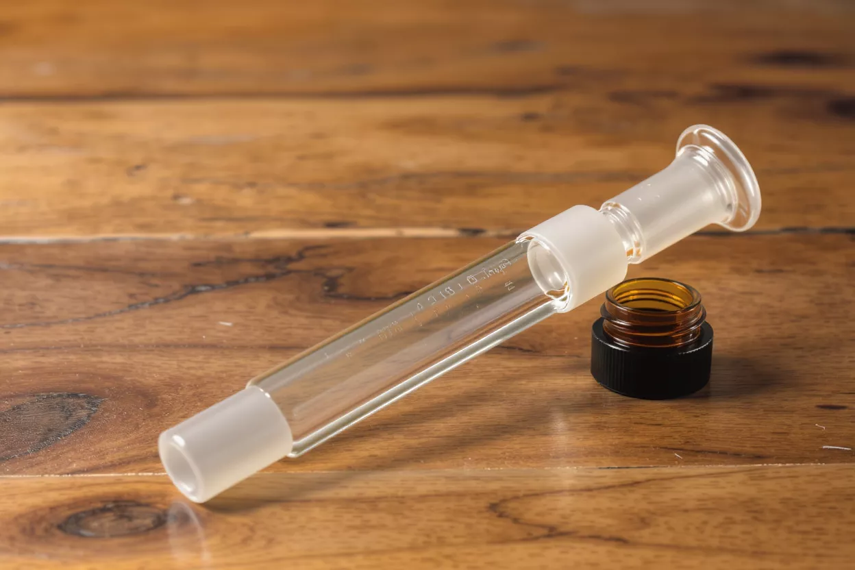 Clear glass adapter with frosted joints next to an open amber jar.