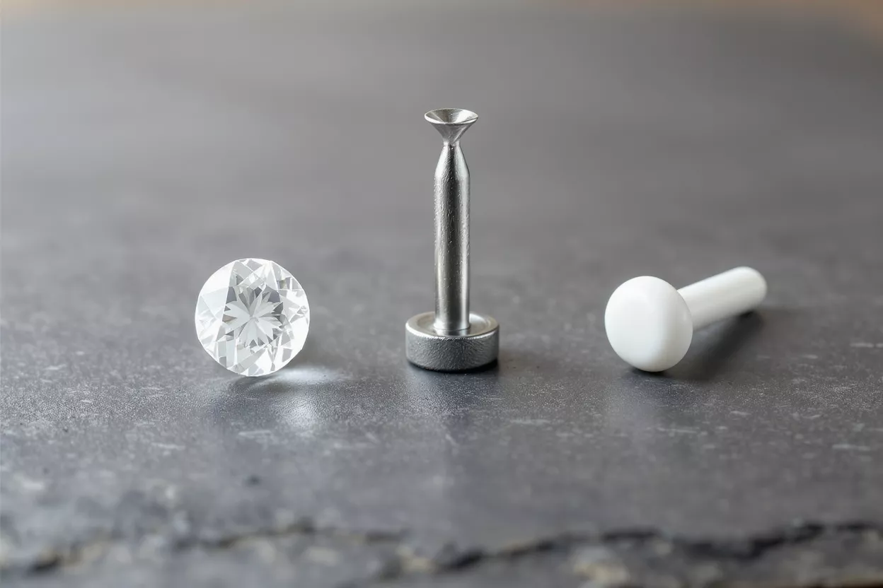 A brilliant-cut diamond, a metal setting tool, and a white plastic peg.