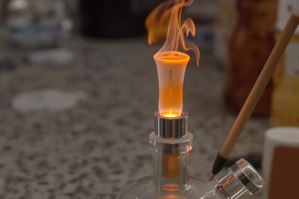 Close-up of a glass device with an orange flame burning from its top.