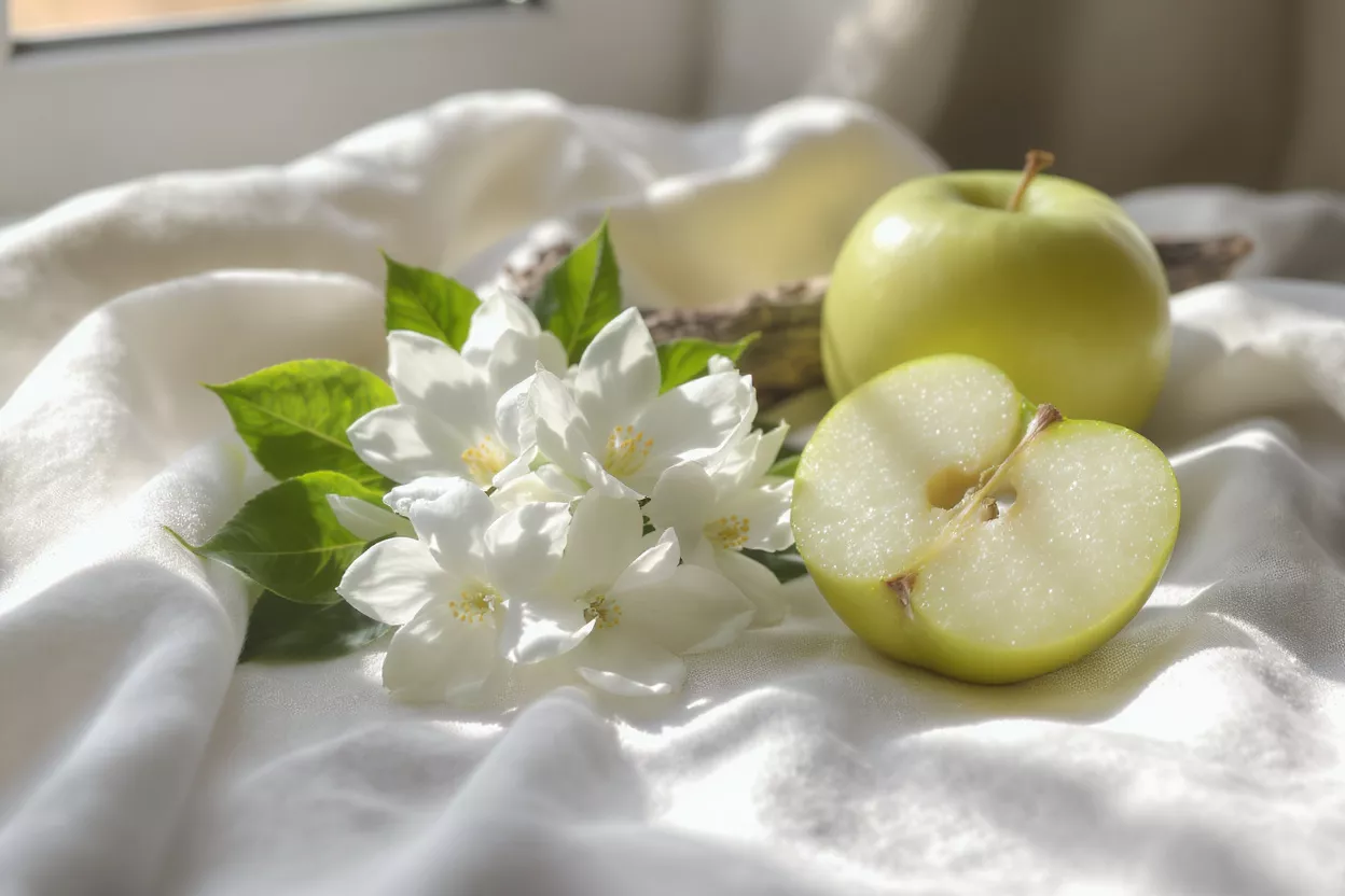 Still life with green apples and white jasmine flowers on white fabric.