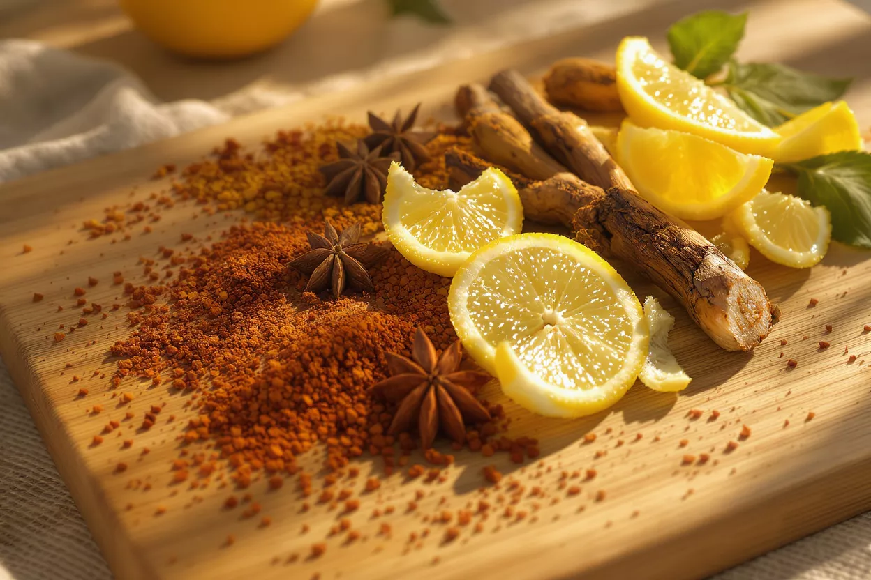 A wooden board with spices, lemon slices, ginger roots, and star anise.