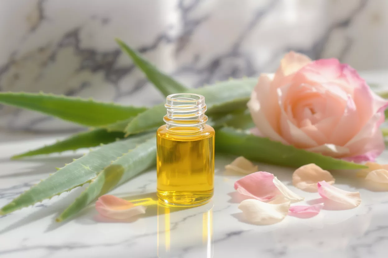 Small bottle of golden oil with aloe vera leaves and a pink rose.