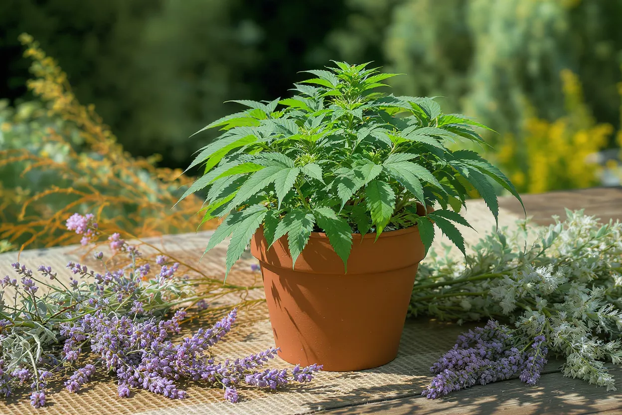 A vibrant green cannabis plant in a terracotta pot, surrounded by lavender.