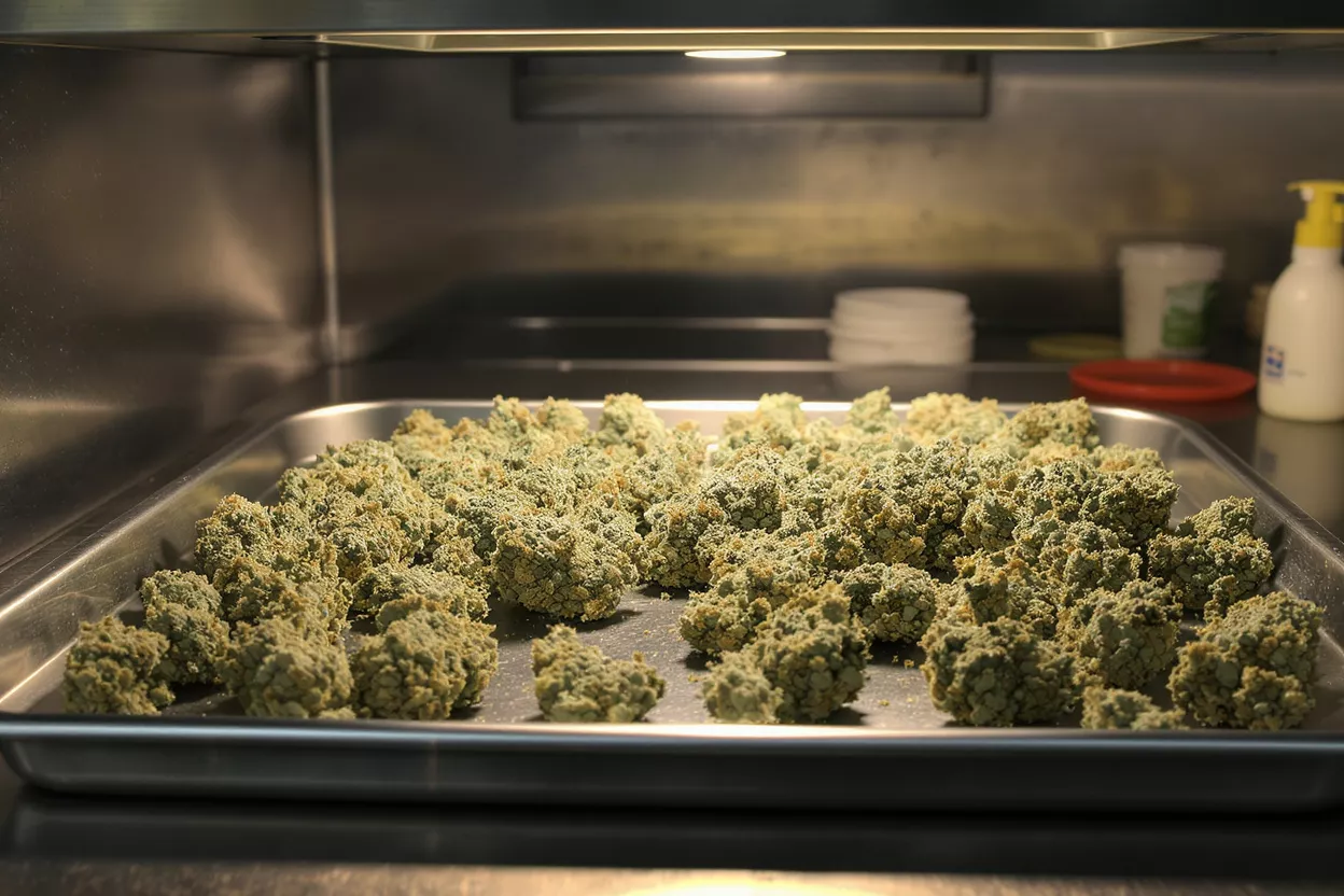 Close-up of green cannabis nugs on a metal drying tray in a professional setting.