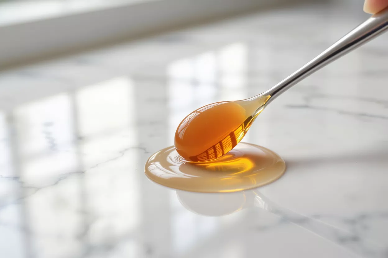 A spoon lifting golden honey from a puddle on a white marble surface.