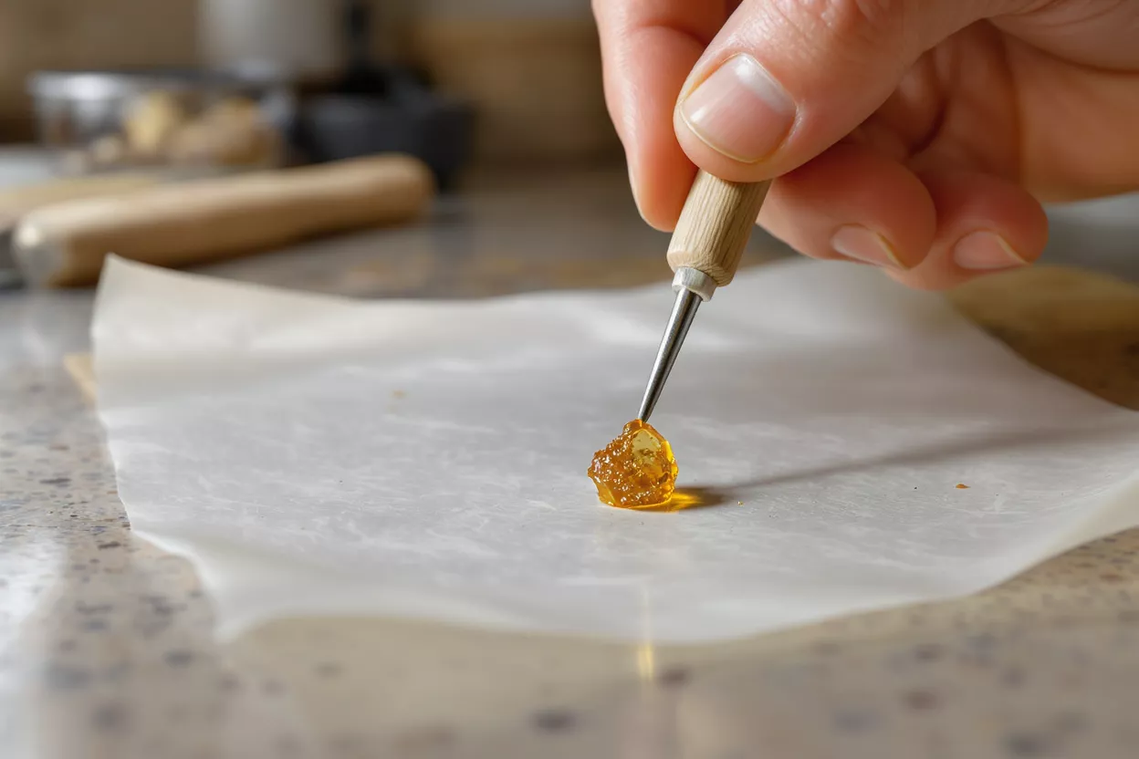 Hand holding a dabbing tool with golden cannabis concentrate on parchment paper.
