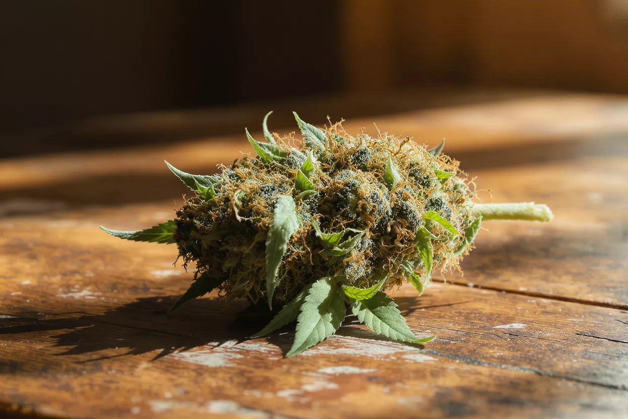 Close-up of a cannabis bud with green leaves and orange hairs on a wooden table.