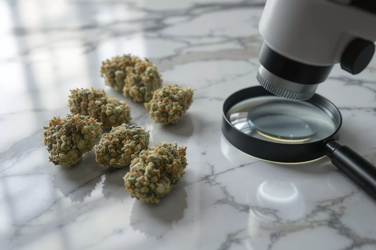 Cannabis buds, magnifying glass, and microscope on a marble surface.
