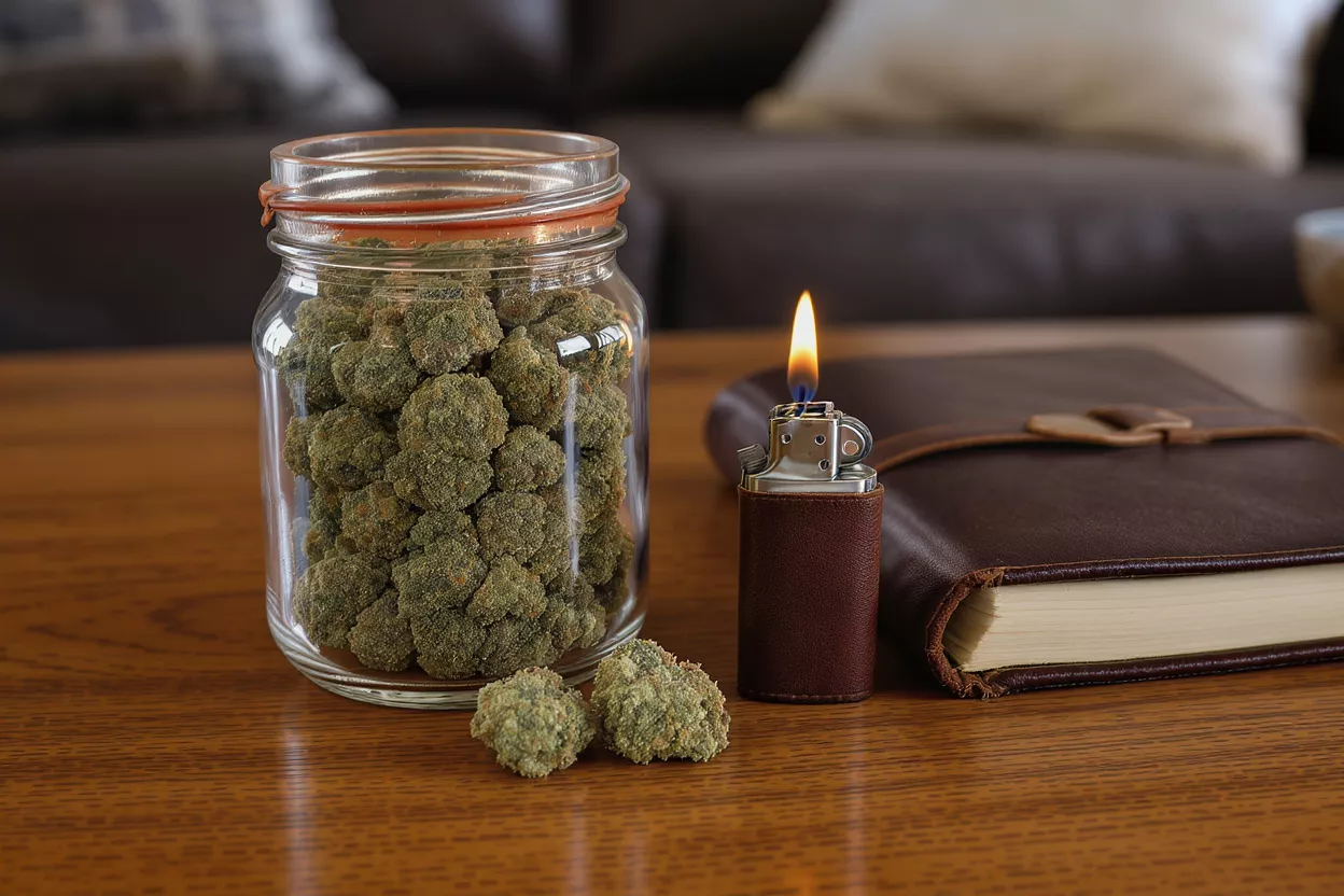 Glass jar of cannabis buds, lit lighter, and leather journal on a wooden table.