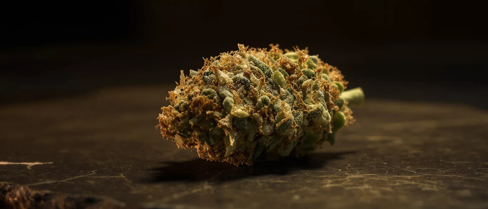 Close-up of a cannabis flower bud with rich green and orange hues.