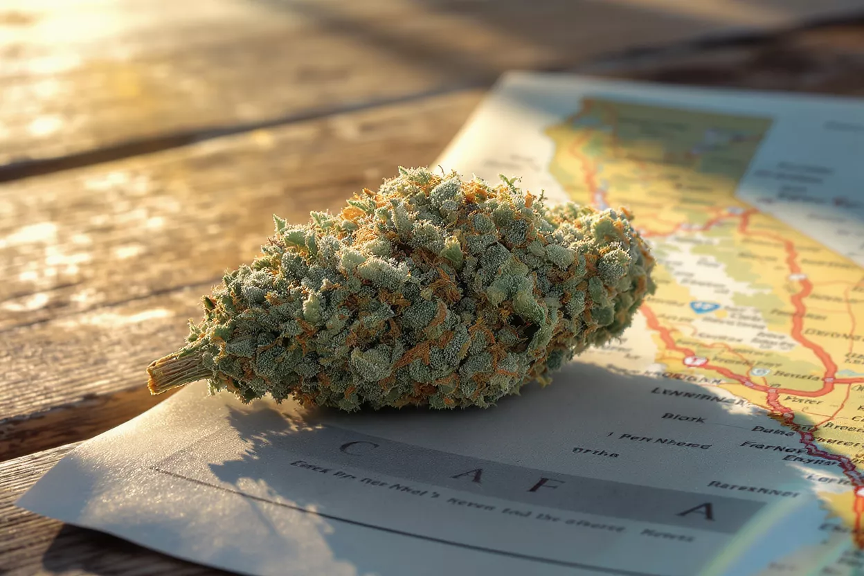 Close-up of a cannabis bud resting on a map of California.