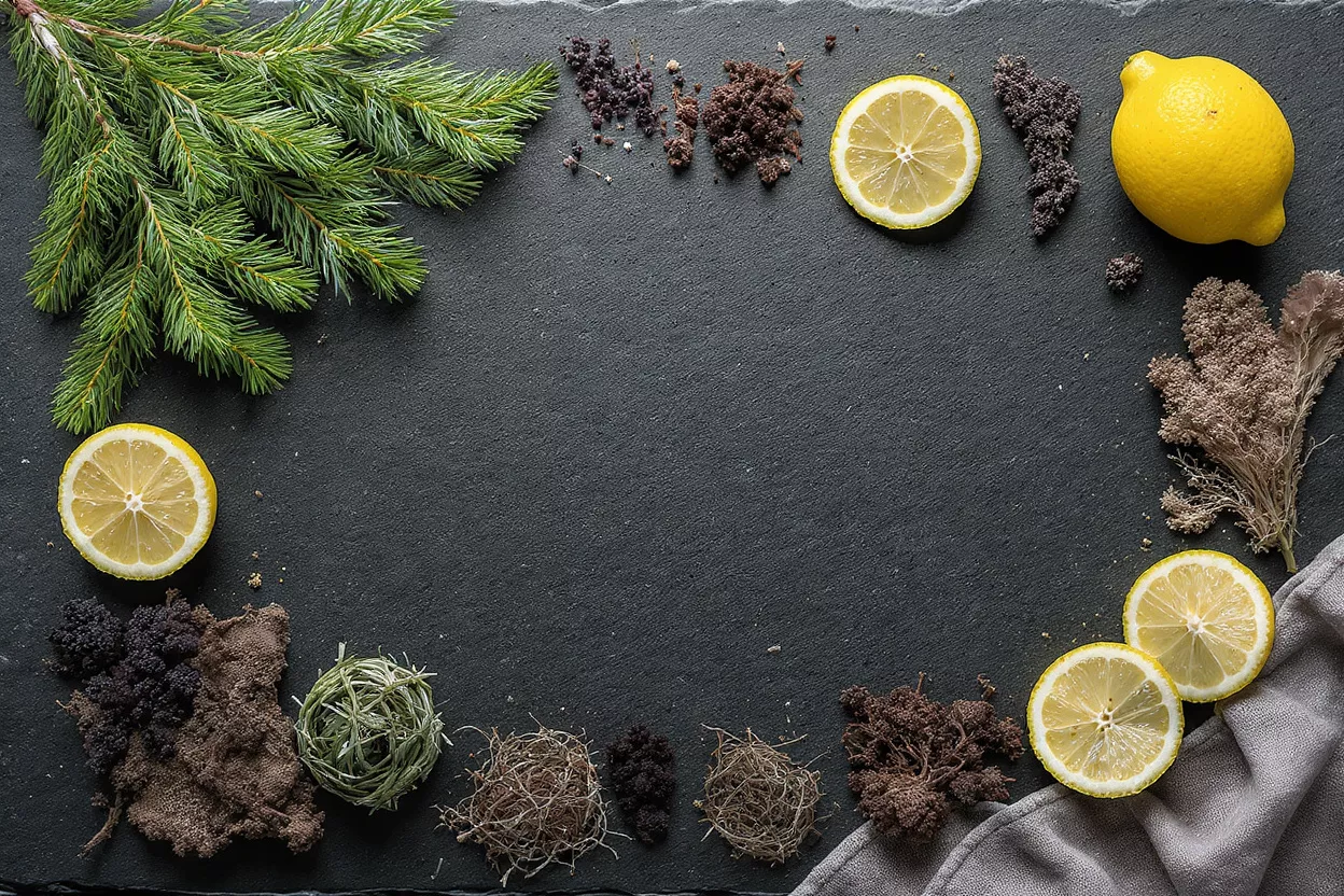 Pine branches, lemon slices, and dried botanicals arranged on a dark slate.