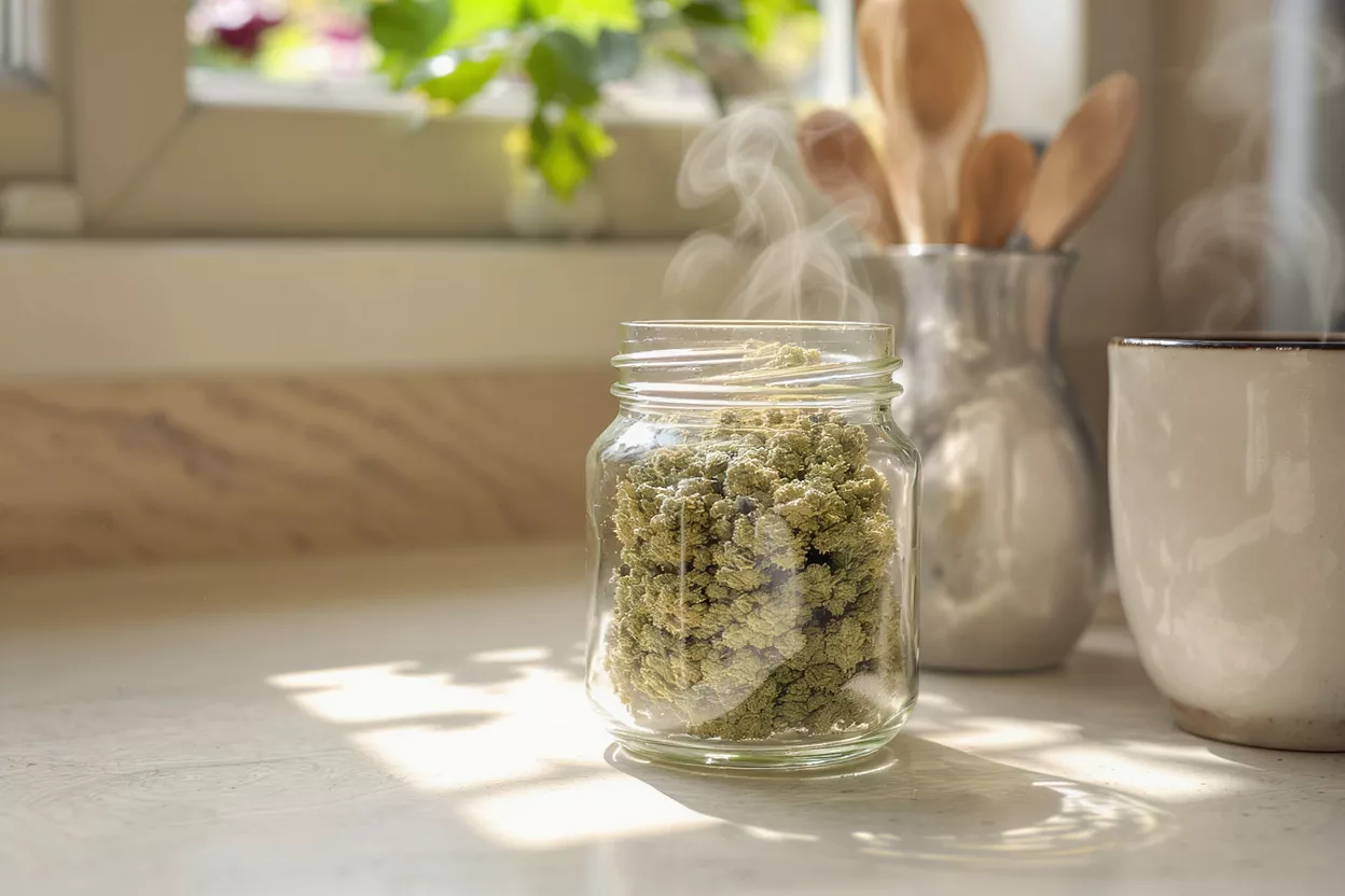Glass jar filled with green herbs, steaming, next to a hot cup.