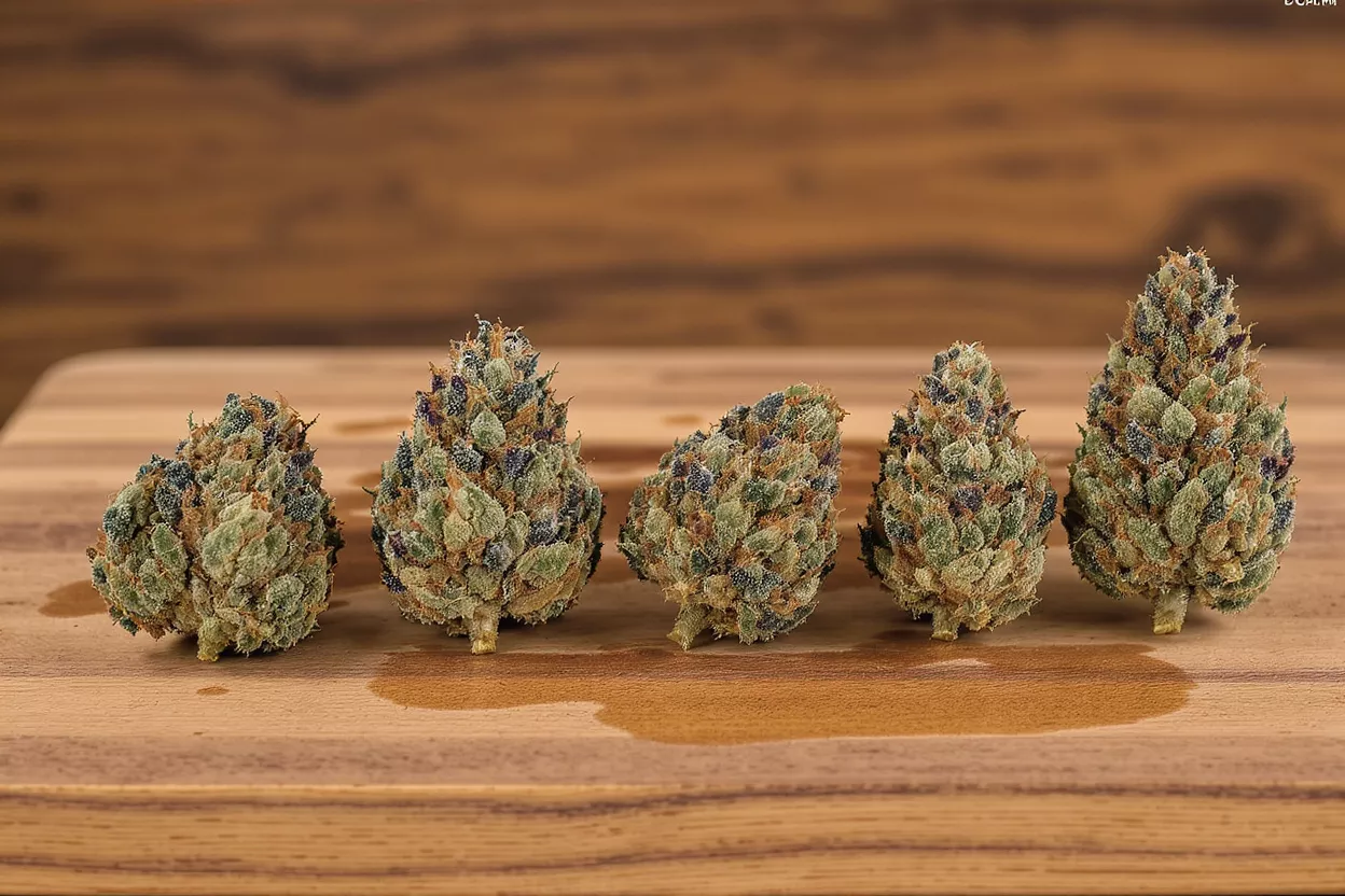 Five cannabis buds with green, purple, and orange hues on a wooden board.