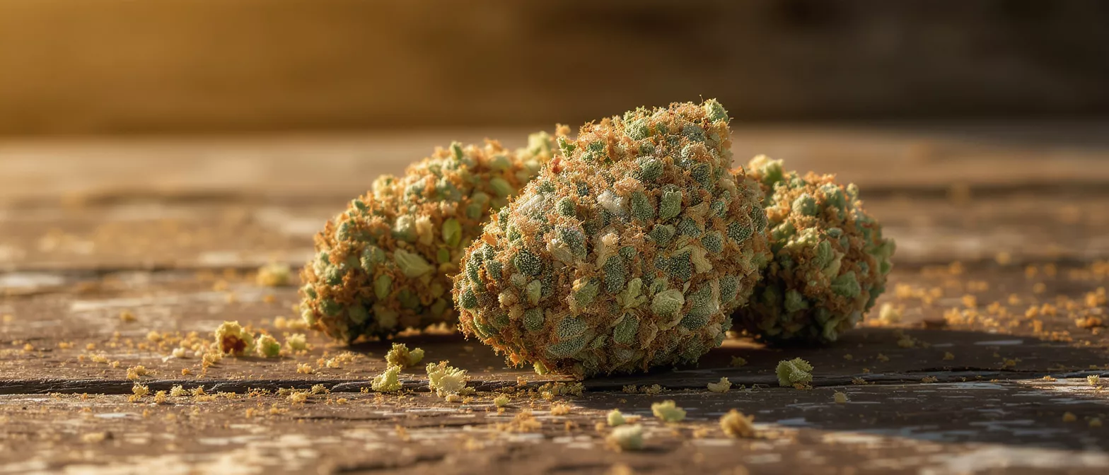 Three cannabis buds with rich green and orange hues on a rustic wooden surface.
