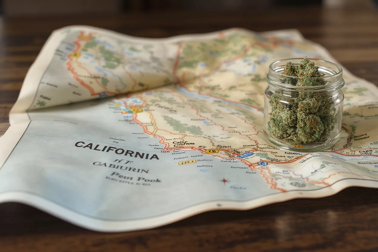 Un frasco de cogollos de cannabis sobre un mapa de carreteras de California.