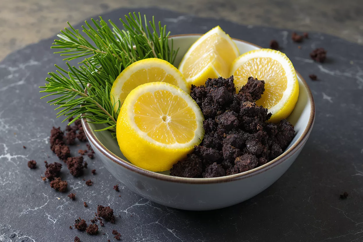 Cuenco con rodajas de limón, ramitas de romero y crumble de chocolate sobre una superficie oscura.