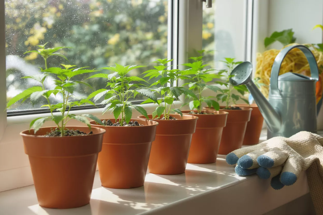 Pequeñas plantas verdes en macetas de terracota alineadas en un alféizar soleado.