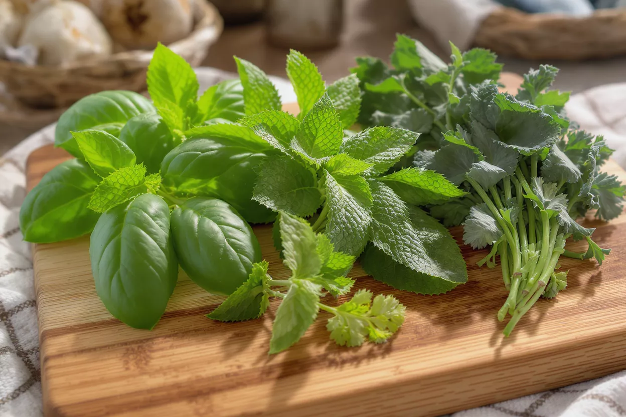 Close-up of fresh basil, mint, and cilantro on a wooden cutting board.