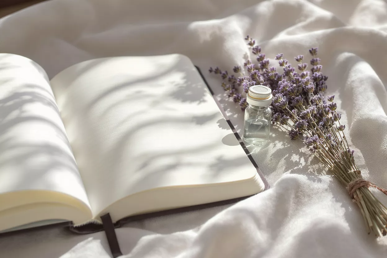 Open notebook, lavender bundle, and essential oil bottle on white fabric with shadows.