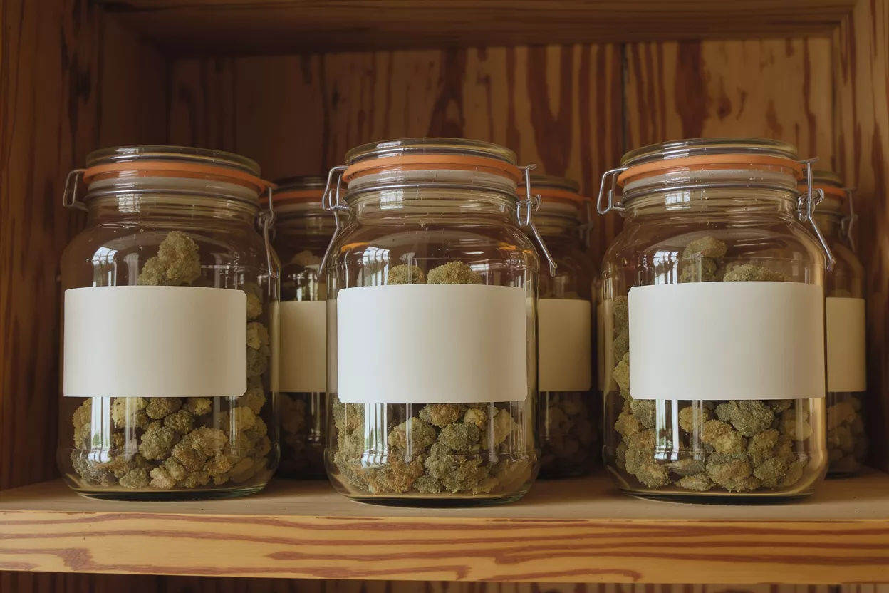Several glass jars with cannabis buds and blank labels on a wooden shelf.