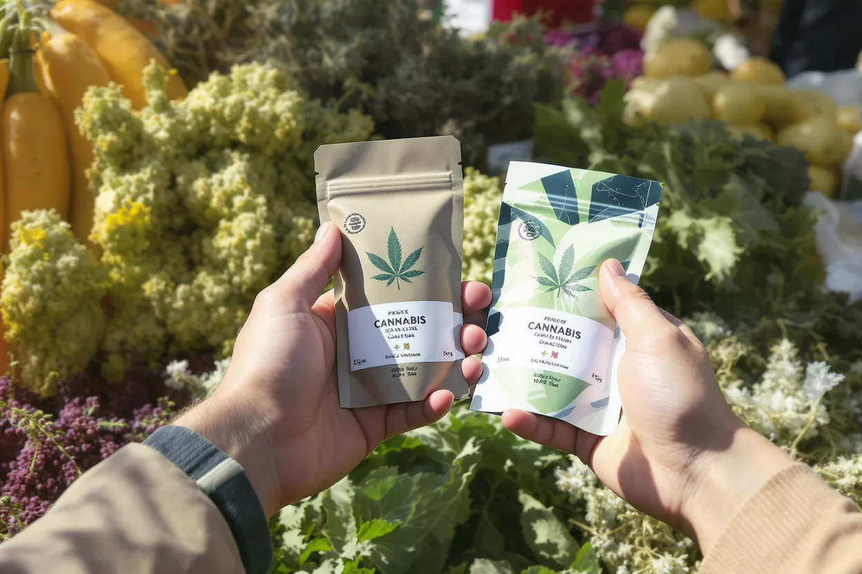 Two hands holding cannabis product pouches with market produce in the background.