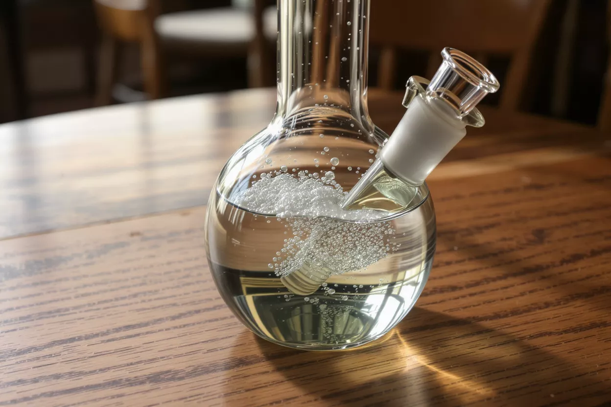A close-up of a clear glass bong with bubbling water sitting on a wooden table.