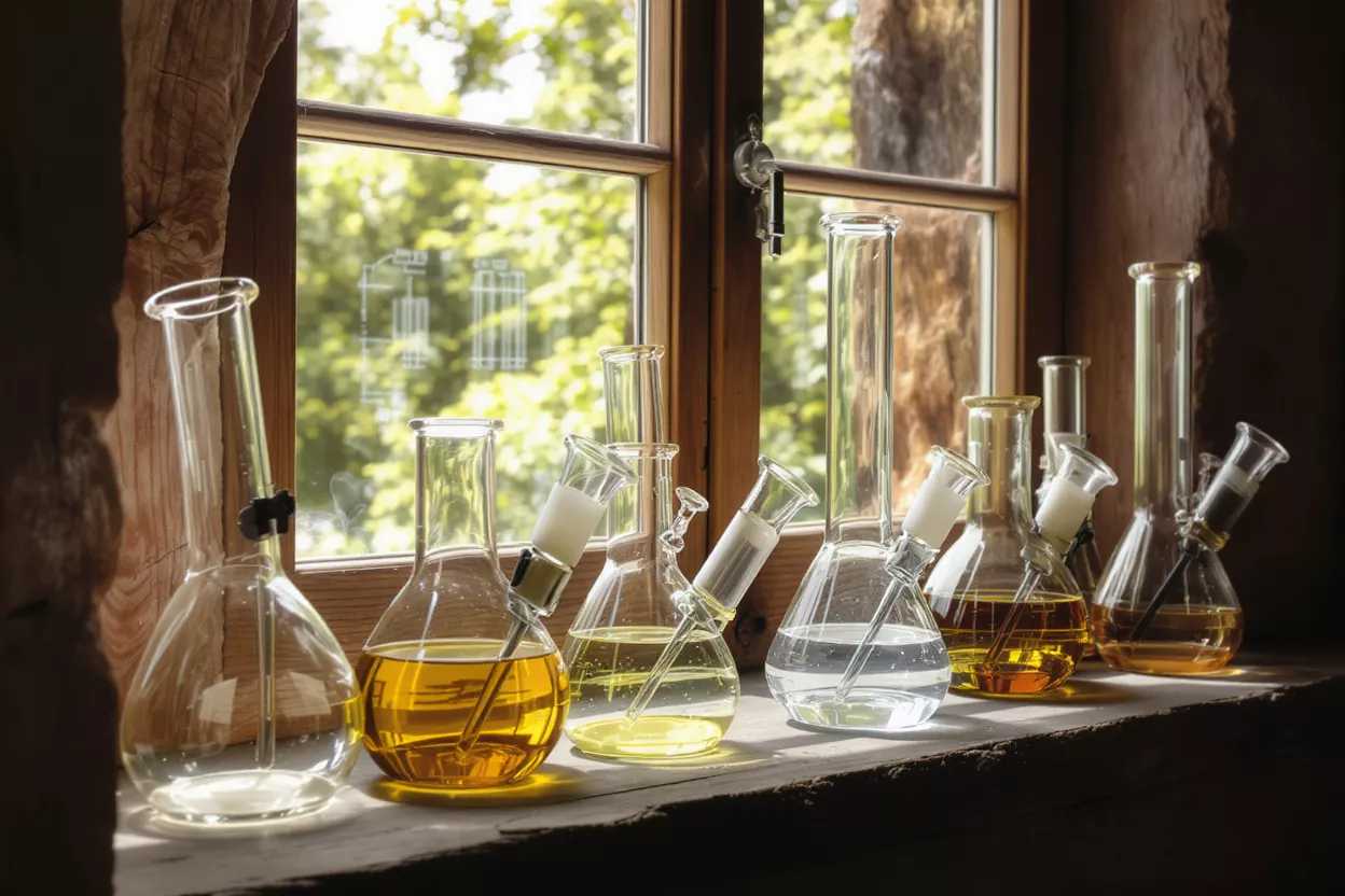 A row of glass beaker bongs with various liquids on a wooden windowsill.
