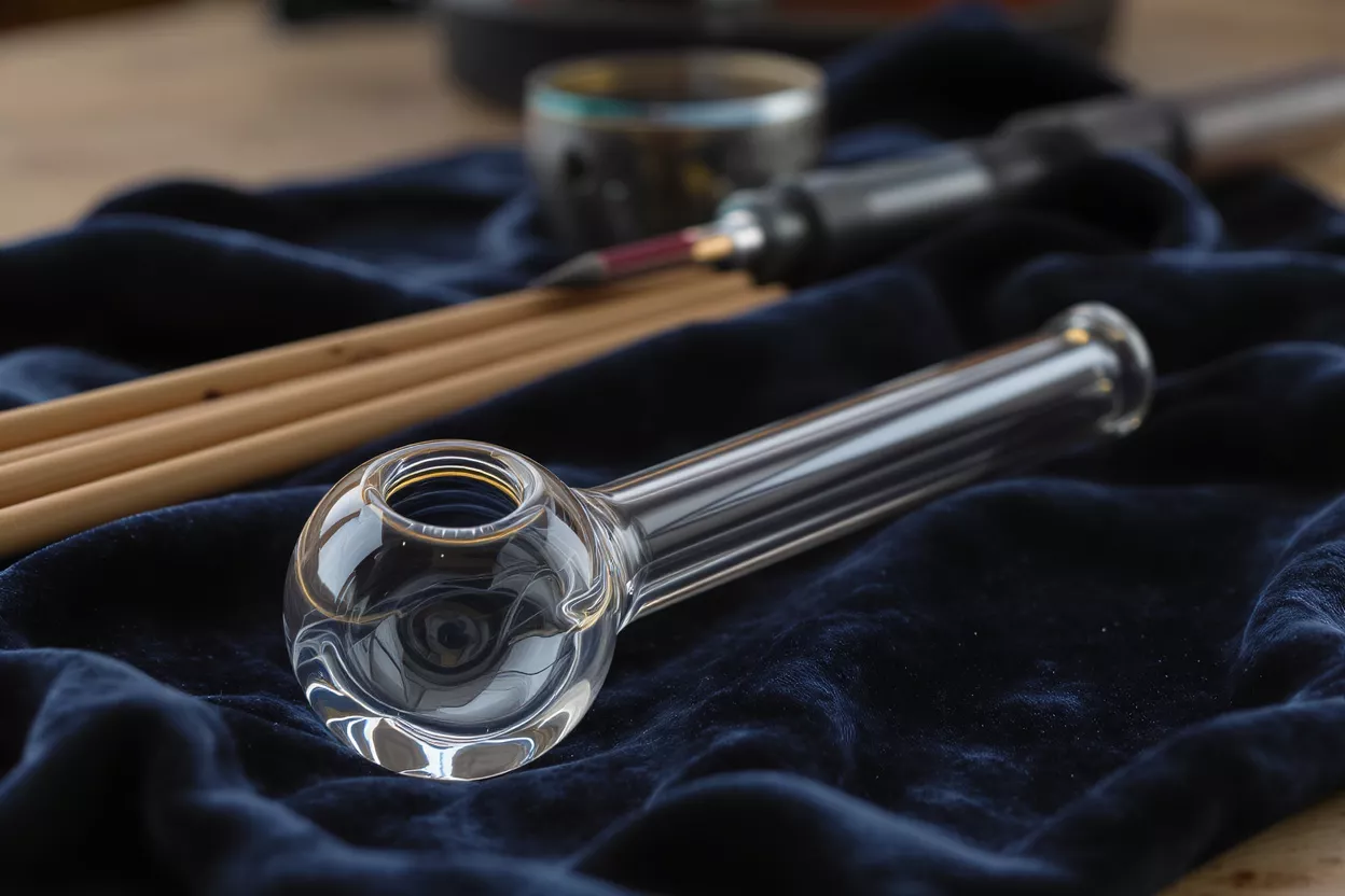 A clear glass oil burner pipe resting on a dark blue velvet cloth.
