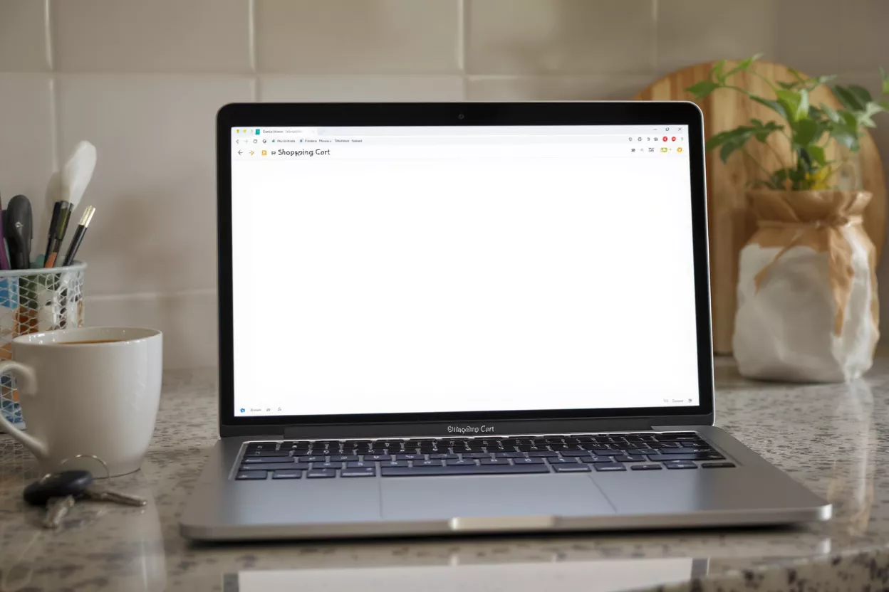 Laptop displaying an empty shopping cart page on a kitchen counter.