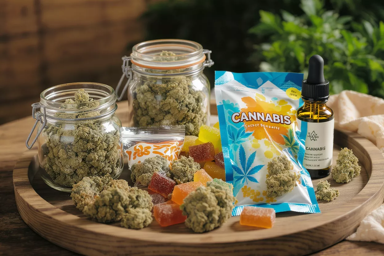A wooden tray holding cannabis flower in jars, gummies, and an oil dropper bottle.