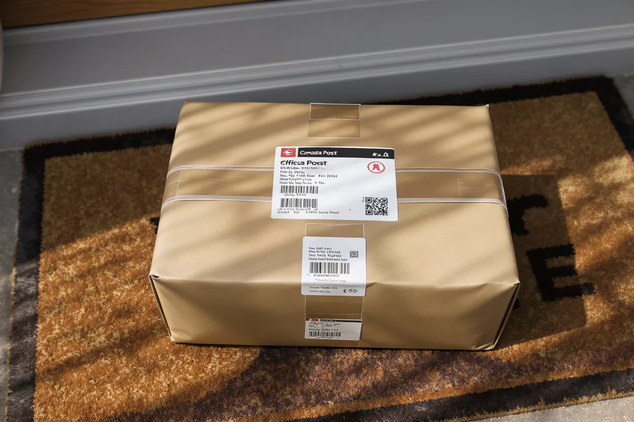 Brown paper package with Canada Post label resting on a welcome mat.