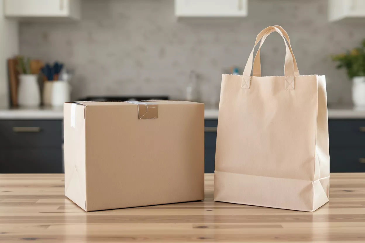 Cardboard delivery box and paper shopping bag on a kitchen counter.