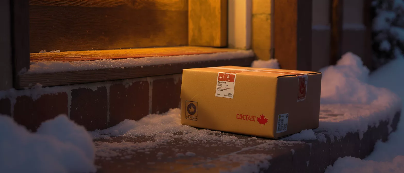 A brown cardboard package sits on a snow-covered porch step at dusk.